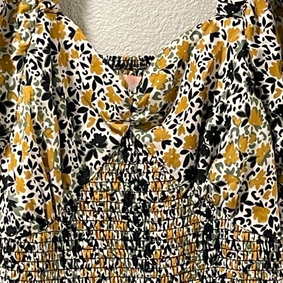 US TOGETHER NWT Puff Sleeve Shirred Sweetheart Midi Dress Floral Blk/Grn/Yel XL - Picture 6 of 11